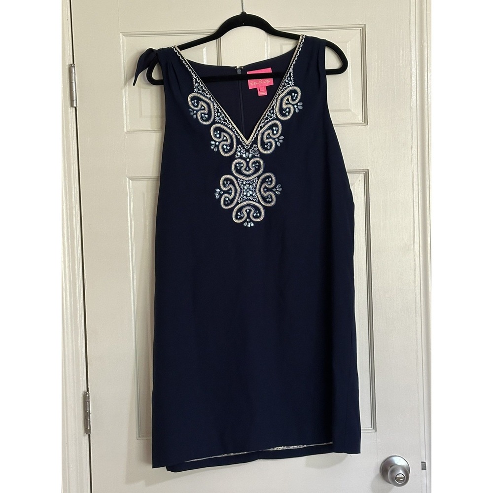 Lilly Pulitzer Penelope Shift Dress Navy Beaded Embroidered V-Neck Women's 16‎